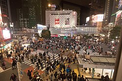 The Shibuya Crossing, in Tokyo, is a famous example of a pedestrian scramble with diagonal crossings.