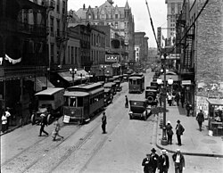 A Clio line streetcar in St. Charles Street, New Orleans Central Business District, 1920.