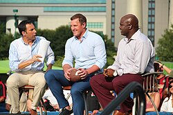 The 2018 season featured (from left) commentators Joe Tessitore & Jason Witten, and sideline analyst/consultant Booger McFarland.