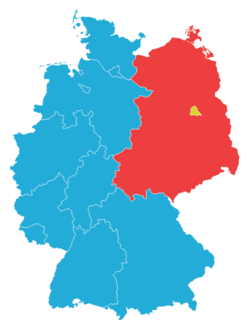 West Germany (blue), East Germany (red) and West Berlin (yellow)