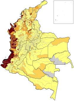 Population percent of Black Colombians in each municipality in 2005