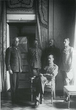C. G. E. Mannerheim as regent of Finland (sitting) and his adjutants (from the left) Lt.Col. Kasimir Lilius, Cap. Heikki Kekoni, Lt. Akseli Gallen-Kallela, Ensign John Rosenbröijer