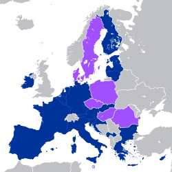 The Netherlands is part of a monetary union, the eurozone (dark blue), and the EU single market.