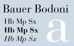 The Bauer Bodoni typeface, with samples of the three of the fonts in the family: Roman (or regular), bold, and italic.