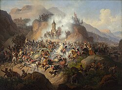 Spanish regular and irregular forces fighting in the Somosierra Pass against a French invading army