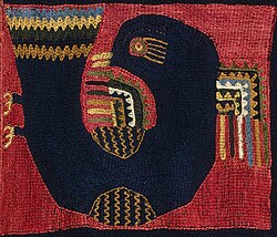 Detail, Falcon on the Brooklyn Paracas mantle, 0-100 C.E. Brooklyn Museum.