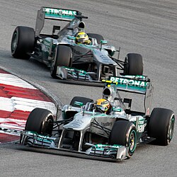 Both Mercedes-AMG Formula One cars at the 2013 Malaysian Grand Prix