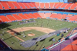 The Miami Marlins' former home at what was then Dolphin Stadium was primarily a football stadium, shown prepping for a Miami Dolphins game with gridlines over the diamond in August 2007