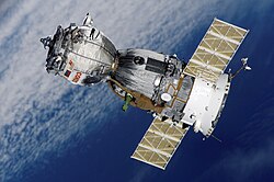 More than 140 Soviet and Russian crewed Soyuz spacecraft (TMA version shown) have flown since 1967 and now support the International Space Station.
