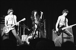 The Ramones performing in Toronto in 1976. They are often described as one of the first true punk bands, popularizing the punk movement in the United States. They are regarded as highly influential in today's punk culture.