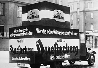 Der Stahlhelm propaganda car in Berlin promoting DNVP nominee Theodor Duesterberg for president of Germany in the 1932 election. The message on the truck reads: "Whoever wants a true people's community votes for Duesterberg, the German man".