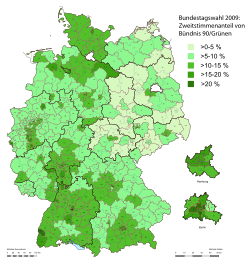 Map showing Alliance 90/The Greens vote in each of the German constituencies at the 2009 German federal election