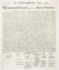 The United States Declaration of Independence, unanimously ratified by the Second Continental Congress in Philadelphia on 4 July 1776