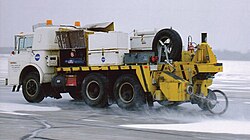 A NASA surface friction tester at Langley Air Force Base; the extra wheel for testing is clearly visible at the rear.