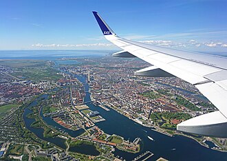 Aerial view of Copenhagen seen from an airplane departing from Copenhagen Airport