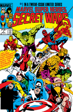 Marvel Super Heroes Secret Wars #1 (May 1984). Cover art by Mike Zeck depicting Captain America, Wolverine, Cyclops, Hawkeye, Rogue, She-Hulk, The Thing, Colossus, Monica Rambeau, Nightcrawler, Spider-Man, Human Torch, Hulk, Iron Man and Storm.[55]