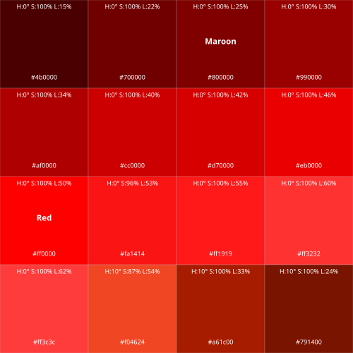 Shades of red labeled with HSL, RGB, and web color names.