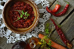 Lyutenica is a traditional Bulgarian sauce made from tomatoes and peppers