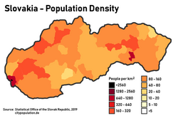 Population density in Slovakia. The two biggest cities are clearly visible, Bratislava in the far west and Košice in the east.