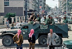 A Syrian BTR-152 armoured personnel carrier patrols the streets of the Lebanese port city of Saida (Sidon), March 1978.