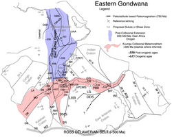 Eastern Gondwana. 620 to 550 Ma post-collisional extension of the East African Orogeny in blue and 570 to 530 Ma collisional metamorphism of the Kuunga orogeny in red.[11]