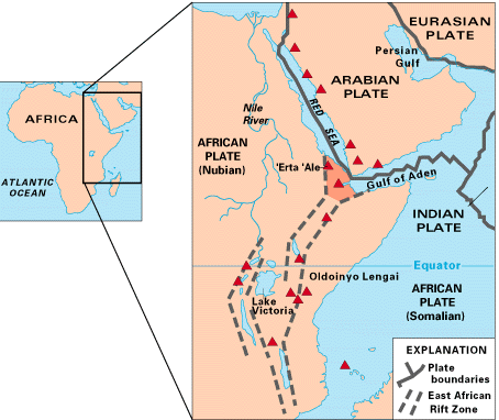 Map of East Africa showing some of the historically active volcanoes (red triangles) and the Afar Triangle (shaded, center) – a triple junction where three plates are pulling away from one another: the Arabian plate, the African plate, and the Somali plate (USGS)