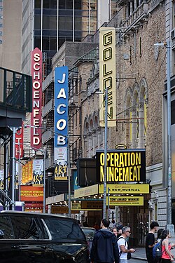 The Golden; Jacobs; Schoenfeld; and Booth theaters in the Theater District