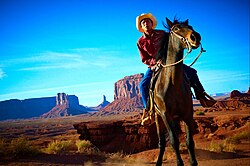 A Navajo man on horseback in present-day Monument Valley in Arizona