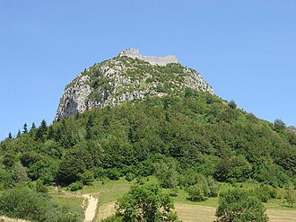 Highland castles such as Château de Montségur in southern France have become the popular idea of where castles should be found because they are photogenic, where in reality castles were built in a variety of places due to a range of considerations.[171]