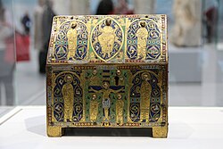 Gothic châsse; 1185–1200; champlevé enamel over copper gilded; height: 17.7 cm (7.0 in), width: 17.4 cm (6.9 in), depth: 10.1 cm (4.0 in)