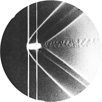 Ernst Mach's historic 1887 photograph (shadowgraph) of a bow shockwave around a supersonic bullet[11] fired from a Werndl carbine.[12]