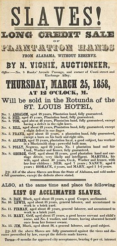 Broadside for an 1858 slave sale at the St. Louis Hotel in New Orleans (Museum of African American History and Culture 2011.155.305)