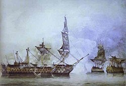 His Majesty's Ship "Victory", Capt. E. Harvey, in the Memorable Battle of Trafalgar between two French Ships of the Line by John Constable
