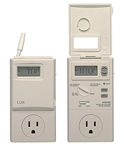 Lux Products WIN100 Heating & Cooling Programmable Outlet Thermostat shown with control door closed and open.