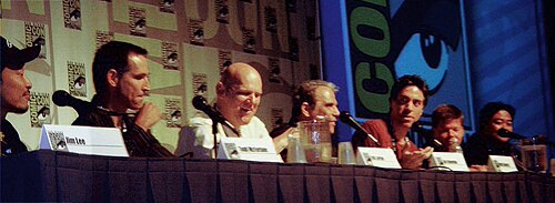 Panel at ComicCon 2007 on the 15th anniversary of the founding of Image Comics. From left: Jim Lee, Todd McFarlane, Erik Larsen, Jim Valentino, Marc Silvestri, Rob Liefeld and Whilce Portacio