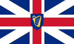 Red cross with a white border over a white saltire and dark blue background. At the centre is a gold harp in dark blue shield, which is the same size as the intersection of vertical and horizontal white bars.