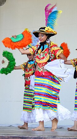 Nicaraguan women wearing the Mestizaje costume, which is a traditional costume worn to dance the Mestizaje dance. The costume demonstrates the indigenous influence upon Nicaraguan clothing.[298]