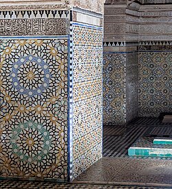 Zellij in the Saadian Tombs (late 16th century), using a different colouring method and thinner individual pieces for finer patterns