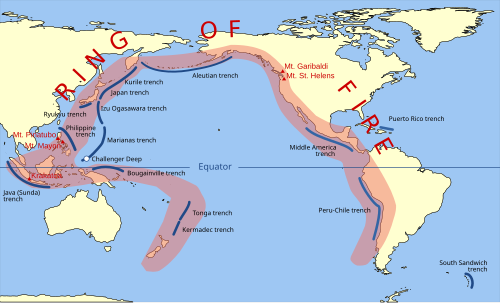 A Ring of Fire; the Pacific is ringed by many volcanoes and oceanic trenches. This map does not show the Cascadia subduction zone along part of the west coast of North America, whose trench is completely buried in sediments.