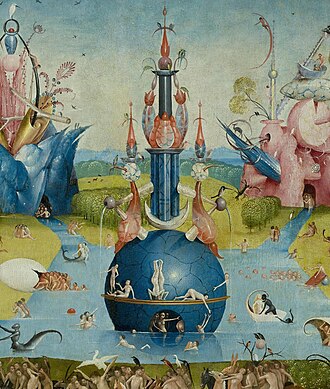 The central water-bound globe in the middle panel's upper background is a hybrid of stone and organic matter.