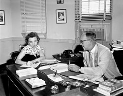 On the desk is George F. Kennan's newly published book, Russia and the West Under Lenin and Stalin, shown here at the Atomic Energy Commission in Oak Ridge in 1961.