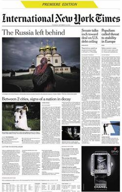 Front page of the International New York Times of October 15, 2013, the first to be issued under this name before being integrated into The New York Times International Edition in October 2016