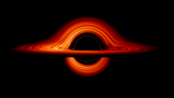 An black hole with an orange-red accretion disk. The disk is wrapped around the black hole in a ring across its center and semicircles around the top and bottom of the black hole. The semicircles are actually the part of the accretion disk that is behind the black hole, and appears gravitationally lensed to be above and below the hole.