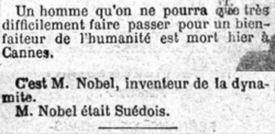 Obituary of Alfred Nobel published on April 15th 1888.