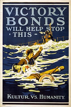 A 1918 Canadian propaganda poster used U-86's sinking of Llandovery Castle as a focal point for selling Victory Bonds.