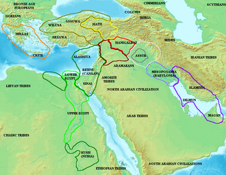 Map of the Ancient Near East during the Amarna period, showing the great powers of the period: Egypt (green), Hatti (yellow), the Kassite kingdom of Babylon (purple), Assyria (grey), and Mittani (red). Lighter areas show direct control, darker areas represent spheres of influence. The extent of the Achaean/Mycenaean civilization is shown in orange.