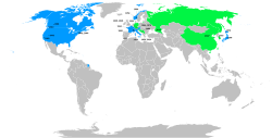 Map of Winter Olympics locations with countries that have hosted one Winter Olympics shaded in green and countries that have hosted two or more shaded in blue