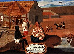 A representation of an infant zambo, in an 18th-century "Pintura de Castas" from New Spain. The painting illustrates "from an African and an Amerindian produces a lobo", here a synonym for zambo.