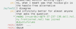 An IRC user employing capital letters to suggest shouting: "OUCH!"