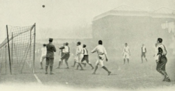A corner-kick in the annual Oxford v Cambridge match (photograph published 1905)